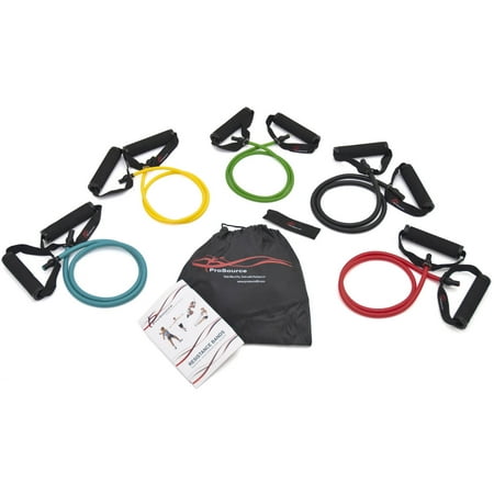 ProSource Tube Resistance Bands 8-Piece Set 2-20 lbs with Attached Handles, Door Anchor, Carrying Case and Exercise Guide