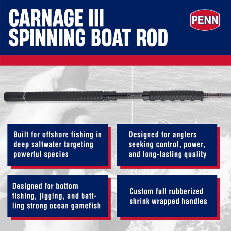 Penn Carnage III Boat Conventional Spinning Fishing Rod, 7, Loads 20 40 Lbs, Black Penn Carnage III Boat Conventional Spinning Fishing Rod, 7, Loads 20 40 Lbs, Black