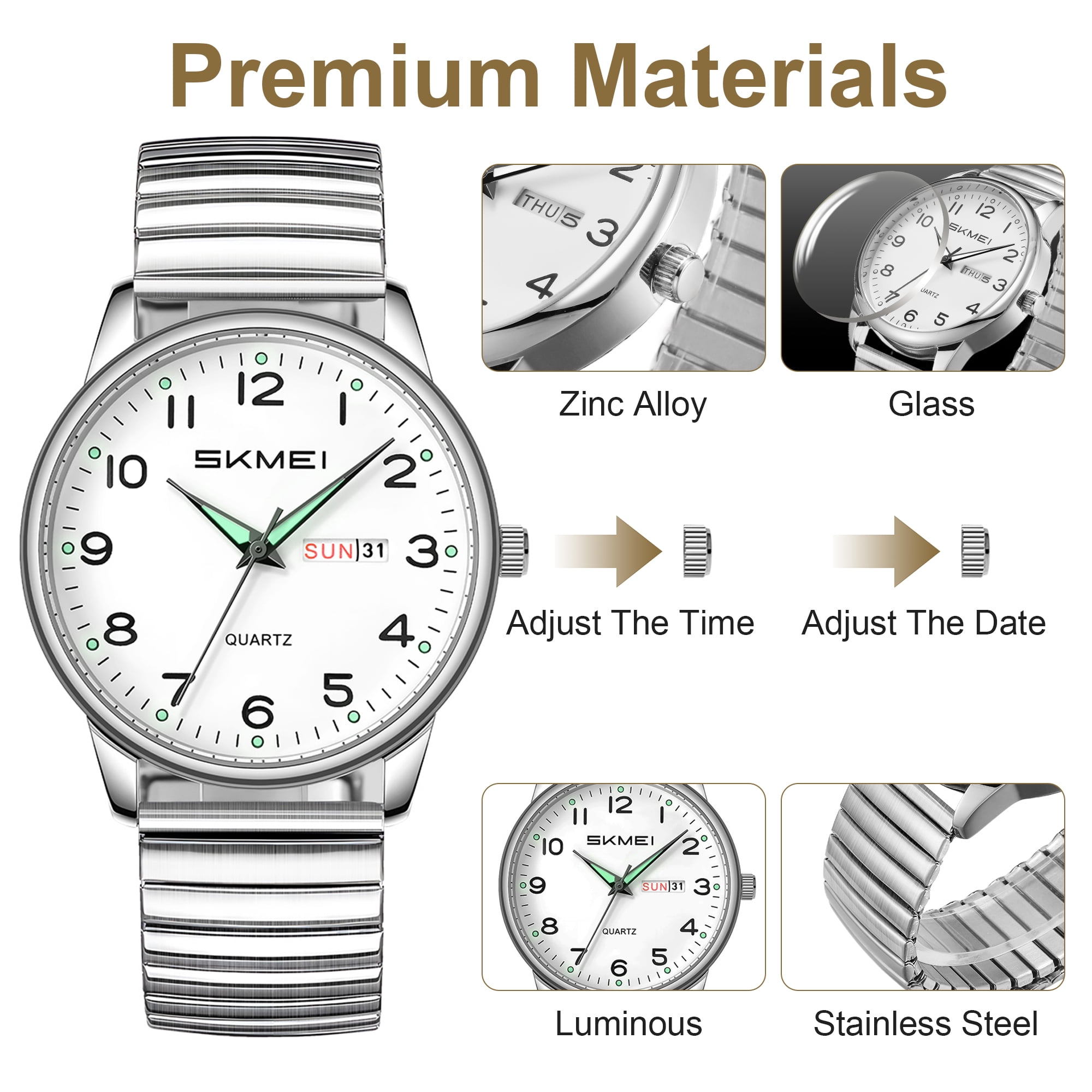SKMEI Watches for Men Easy Reader Analog Mens Quartz Watch with Stainless Steel Expansion Band Luminous waterproof watch