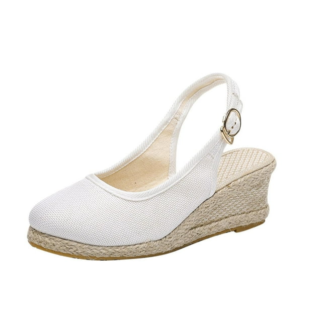 Womens Wedge Sandals Slingback Close Toe Jute Wrapped Bottom Design Platform High Wedge Heels Vintage Flax Breathable Non Slip Lightweight Summer High Heels White