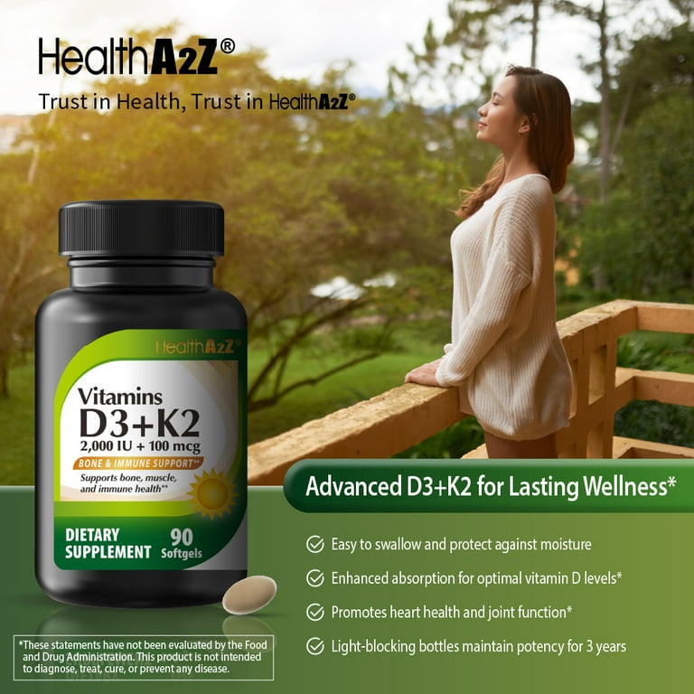 HealthA2Z Vitamin D3 + K2 | 2000 IU + 100 mcg | 90 Easy-to-Swallow