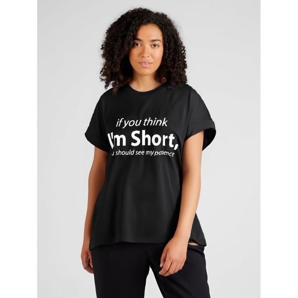 Camisetas para mujer, de verano, casual, manga corta, cuello redondo, con estampado, color blanco negro, blusaI'm Short - Women's Chic Letter Print Tee - Comfy, Casual Short Sleeve Crew Neck T-shirt