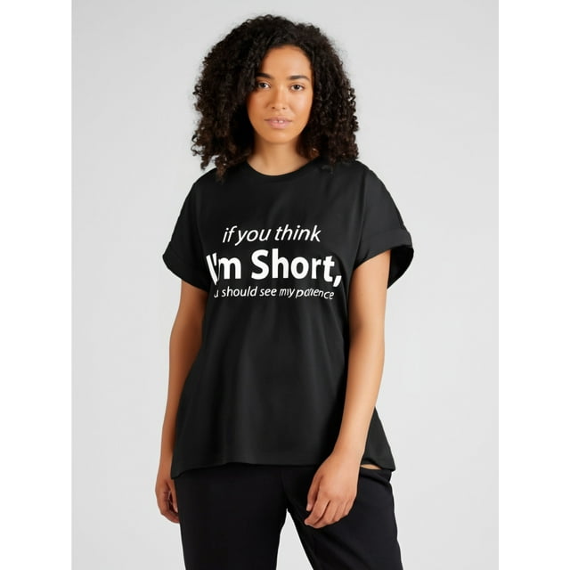 I'm Short - Women's Chic Letter Print Tee - Comfy, Casual Short Sleeve Crew Neck T-shirt for Everyday Wear & Stylish Layering