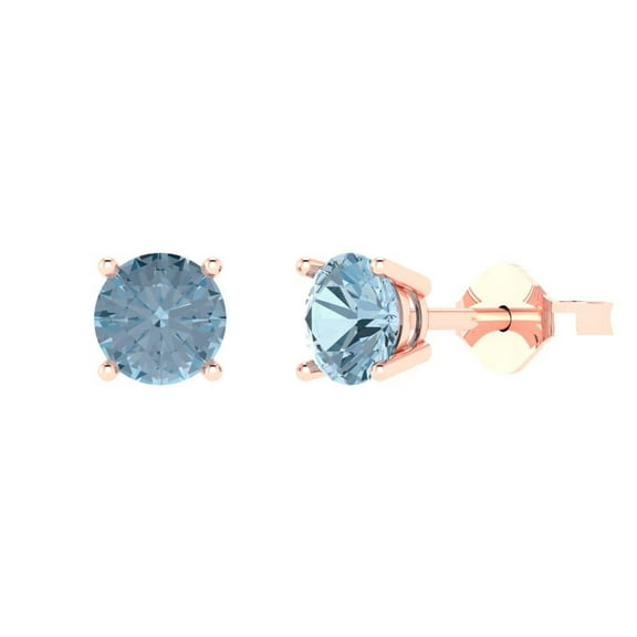 2 ct Push-Back Stud Earrings for Women | 6.5mm Round Cut Natural Aquamarine | 18K Rose Gold