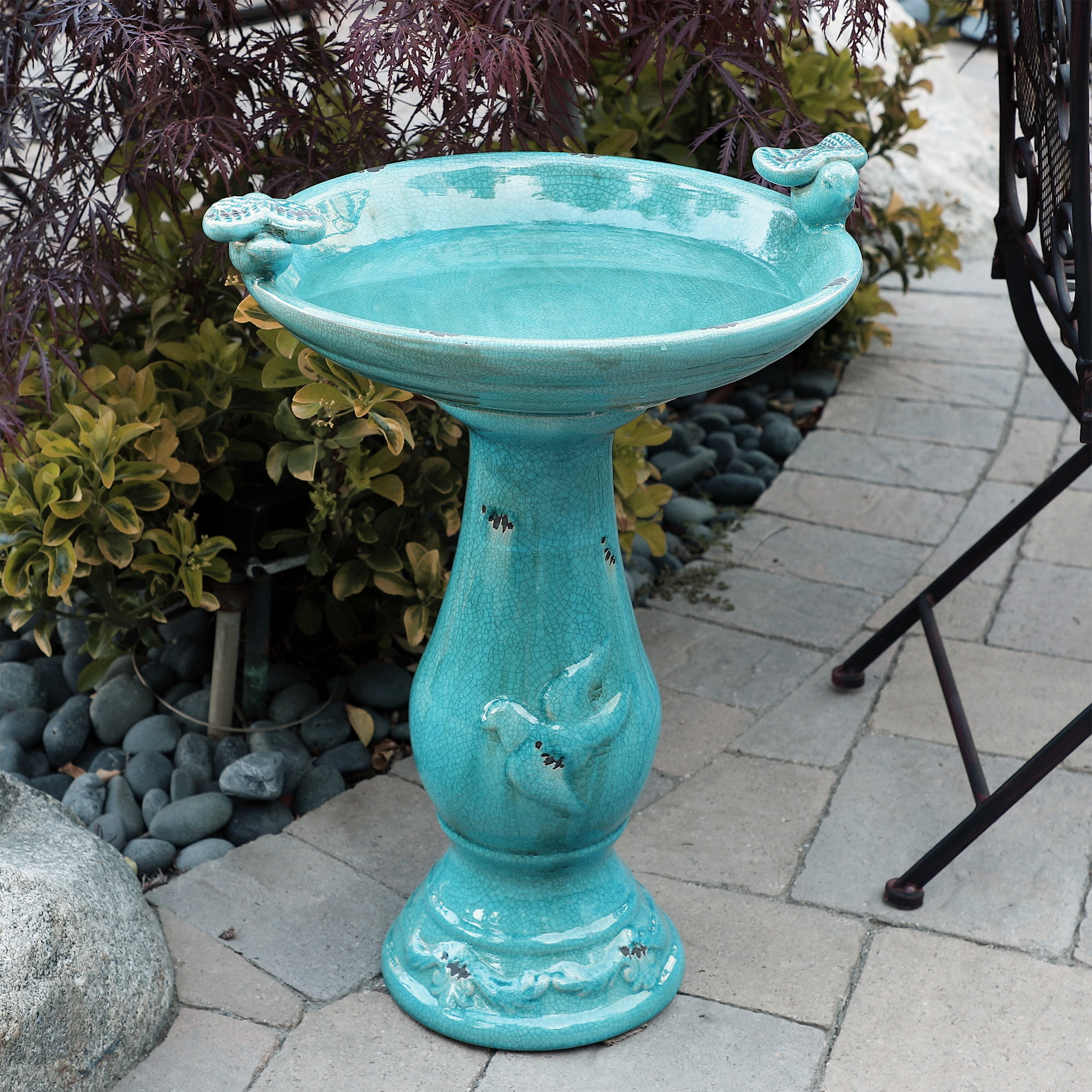 Simple Elegance Clay Garden Birdbath in Turquoise