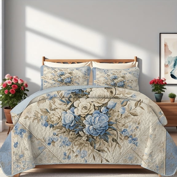 Flymme 3-Piece Vintage Blue & White Floral Quilt Set Queen Size,Lightweight Bedspread Reversible Botanical Print Microfiber Coverlet for Bedroom Decor