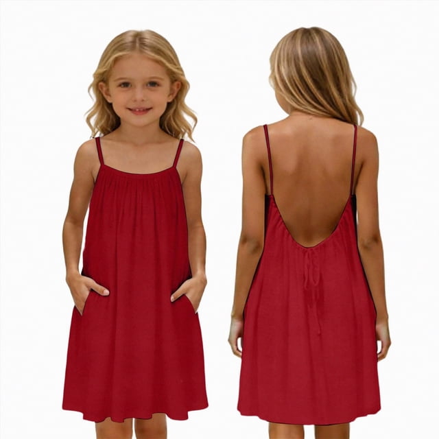 Gubotare Robe Fille Filles Été Robes à Bretelles Fluide à Étages Froncée Smockée Dos Décontractée Plage Robe d'Été Taille 11-12 (Rouge,11-12 Ans)