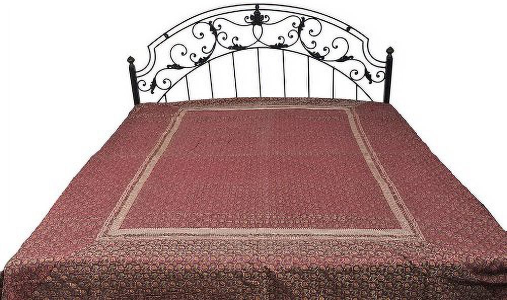 Exotic India Earth-Red Banarasi Bedspread with All-Over Woven Flowers - Kora Cotton
