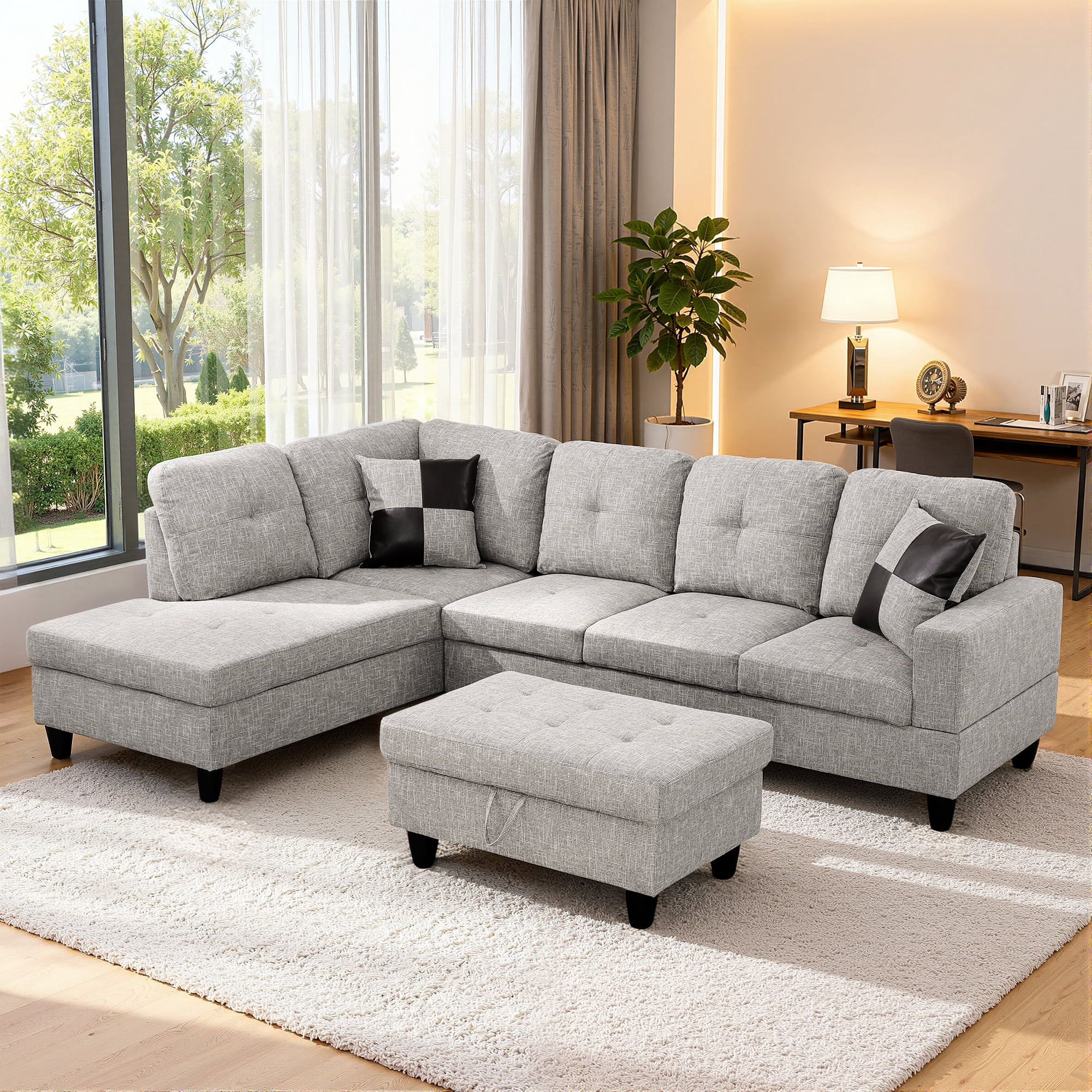 MAYEERTY 103.5 Inch Gray Linen 3-Piece Living Room Sofa Set, Modern Soft Fabric Couch Furniture Set
