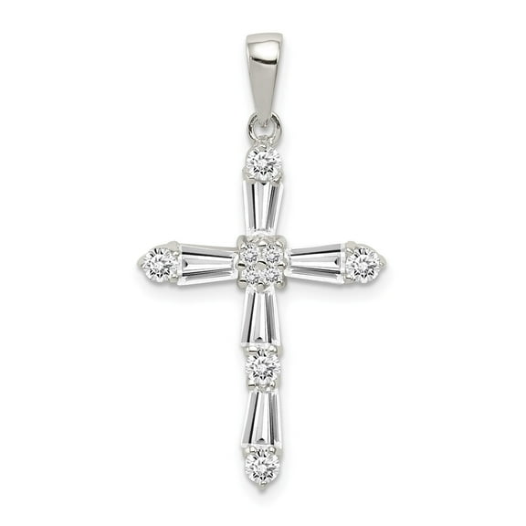 Diamond Cross Pendant Necklace for Men and Women in White Gold or Sterling Silver with Baguette and Round Diamonds Symmetrical Design Spiritual Style for Daily Wear
