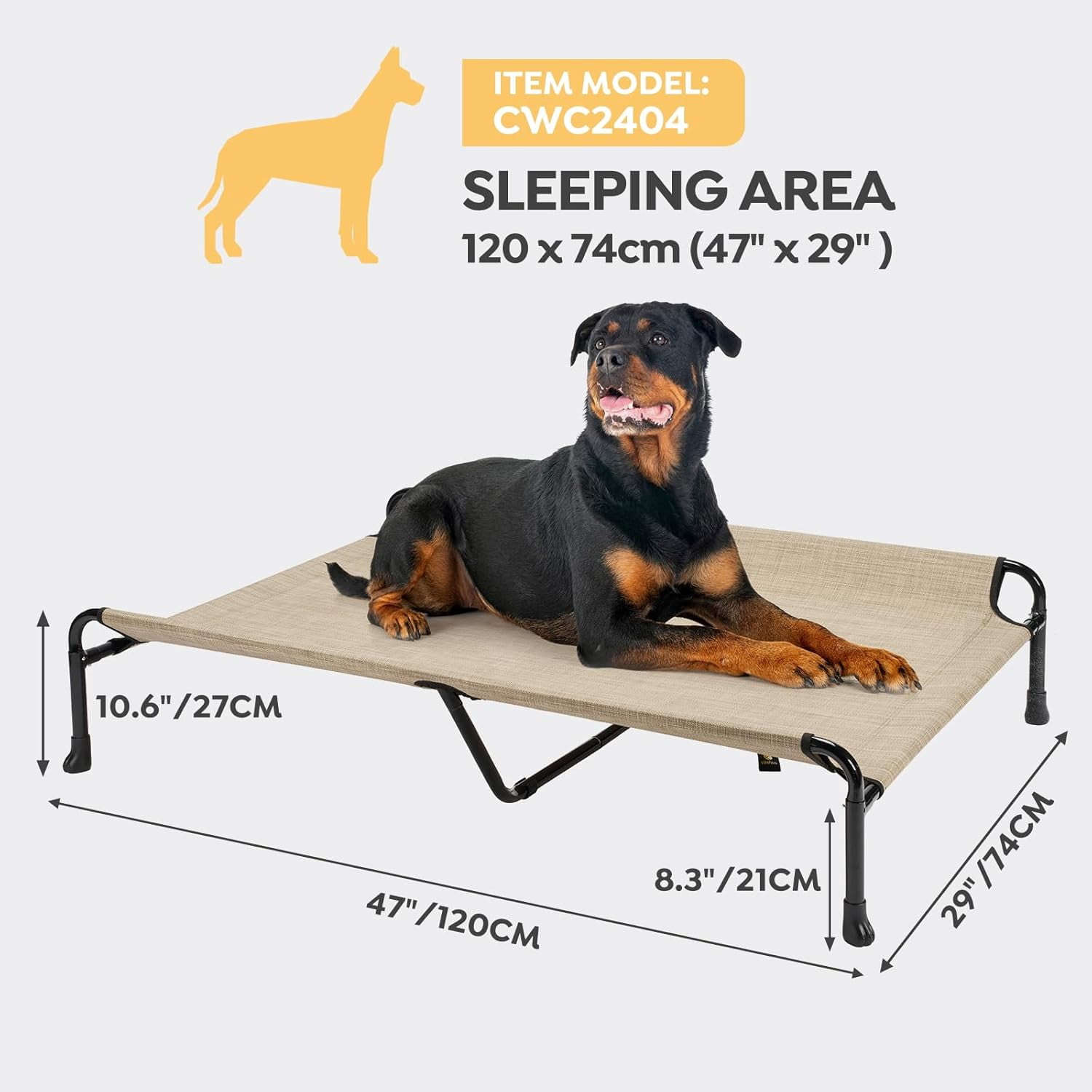 Elevated Dog Bed, Raised Dog Cots for Large Dogs, Waterproof Outdoor Dogs Bed, Cooling Pet Hammock with Guardrail, Upgraded Non-Slip Feet, Breathable Teslin Mesh, Beige, 47 x 29 inches