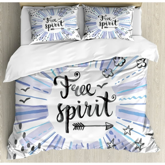 Adventure Duvet Cover Set, Free Words on Watercolor Backdrop Stars Clouds Crescent Moon Art Print, Decorative 3 Piece Bedding Set with 2 Pillow Shams, Calking Size, Blue Black, by Ambesonne