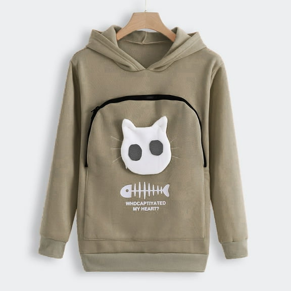 DDAPJ pyju Unisex Big Pouch Hoodie,Long Sleeve Pet Carrier Hooded Sweatshirt Cat Print Casual Sweater Lightweight Drawstring Pullover Tops with Kangaroo Pocket