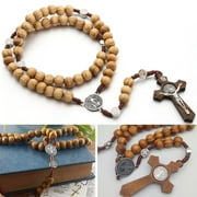 BUTORY Catholic Wooden Rosary Necklace Handmade Vintage Religious Prayer Chaplet String Solid Wood Cross Necklace for Men Women Pr