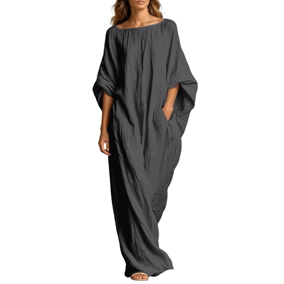 Rggeeun Womens Dresses Solid Color Loose Fit Ankle-Length Short Sleeve Crew Neck Soft Breathable Lightweight Fabric For Summer Beach Sweet Dress,Black,L