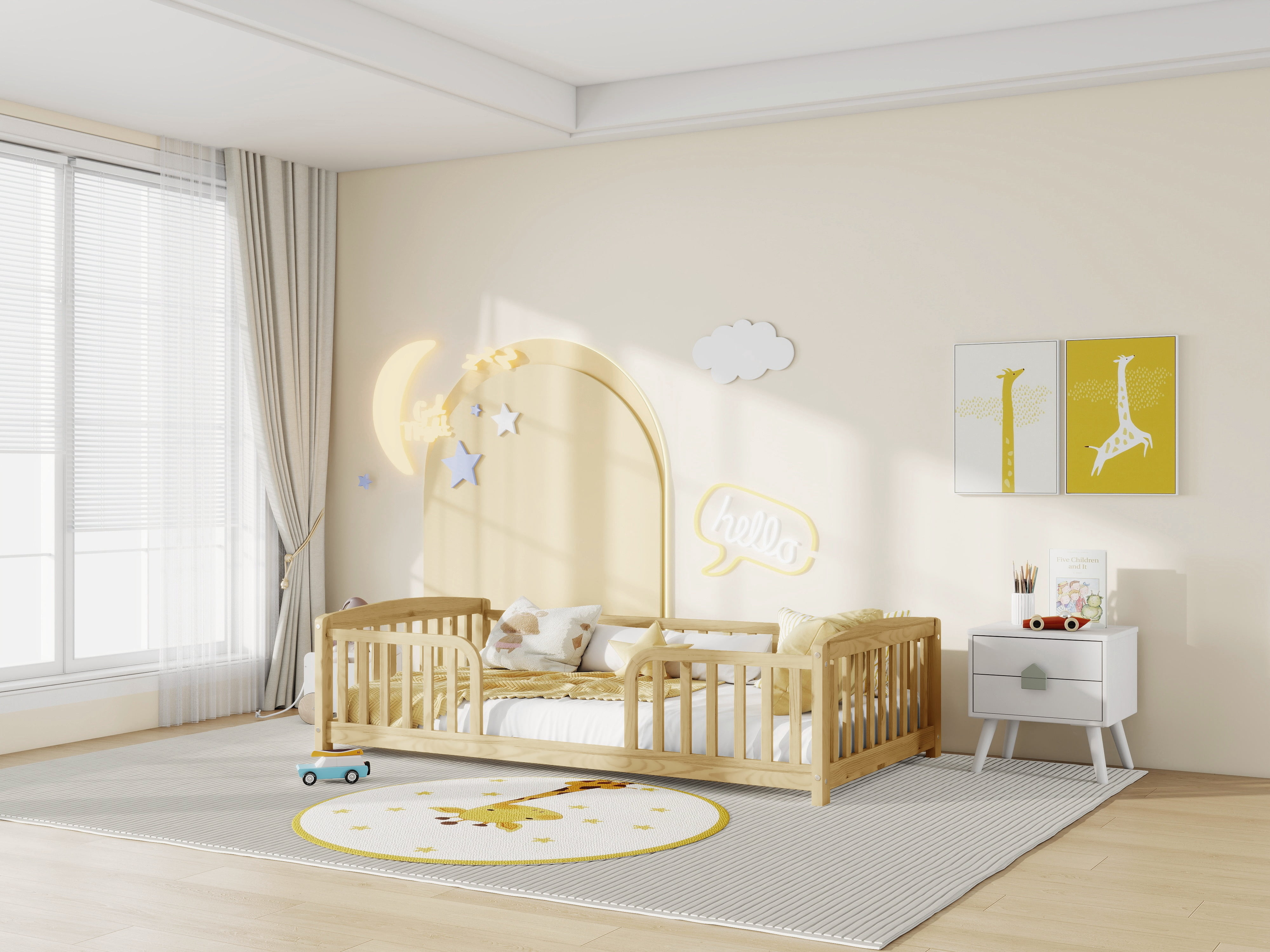 Mintazer Twin Size Toddler Floor Bed with Guardrails & Central Entrance, Natural