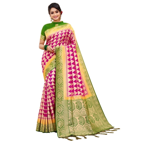 Sarees for Women Banarasi Art Silk l Tradional Indian Wedding Diwali Gift Sari with Unstitched Blouse Pink