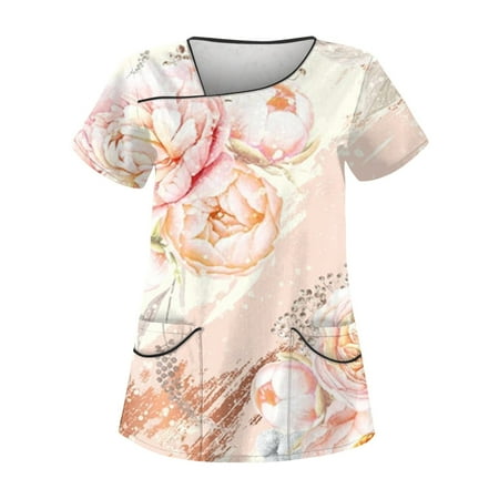 

EHTMSAK Scrub Top Women with Pocket Floral Womens Top with Pockets Floral Patchwork Printed Short Sleeve V-Neck Blouse Yellow 4X