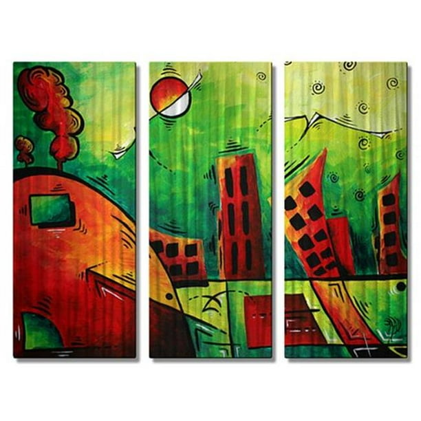 All My Walls MAD00388 Evergreen Métal Wall Art&44; Vert&44; Rouge&44; Orange & Jaune - Moyen