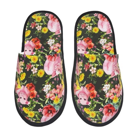 Balery Cute Pigs Sunflower Slient Indoor Furry Fleece Comfort House Shoes Soft Non-Slip Home Shoes Cotton slippers House Slippers-- Medium