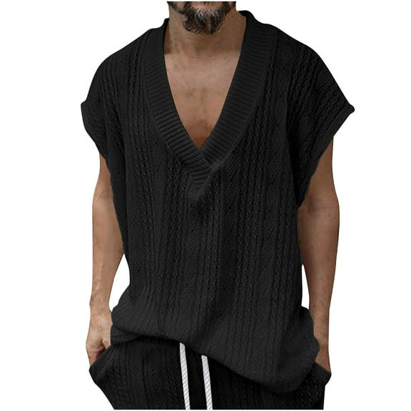 SERTG Men's Casual Solid Color Knit Vest Fall Winter Comfortable Oversized V Neck Lightweight Loose Fitted Breathable Sweater Vest(Black,S)