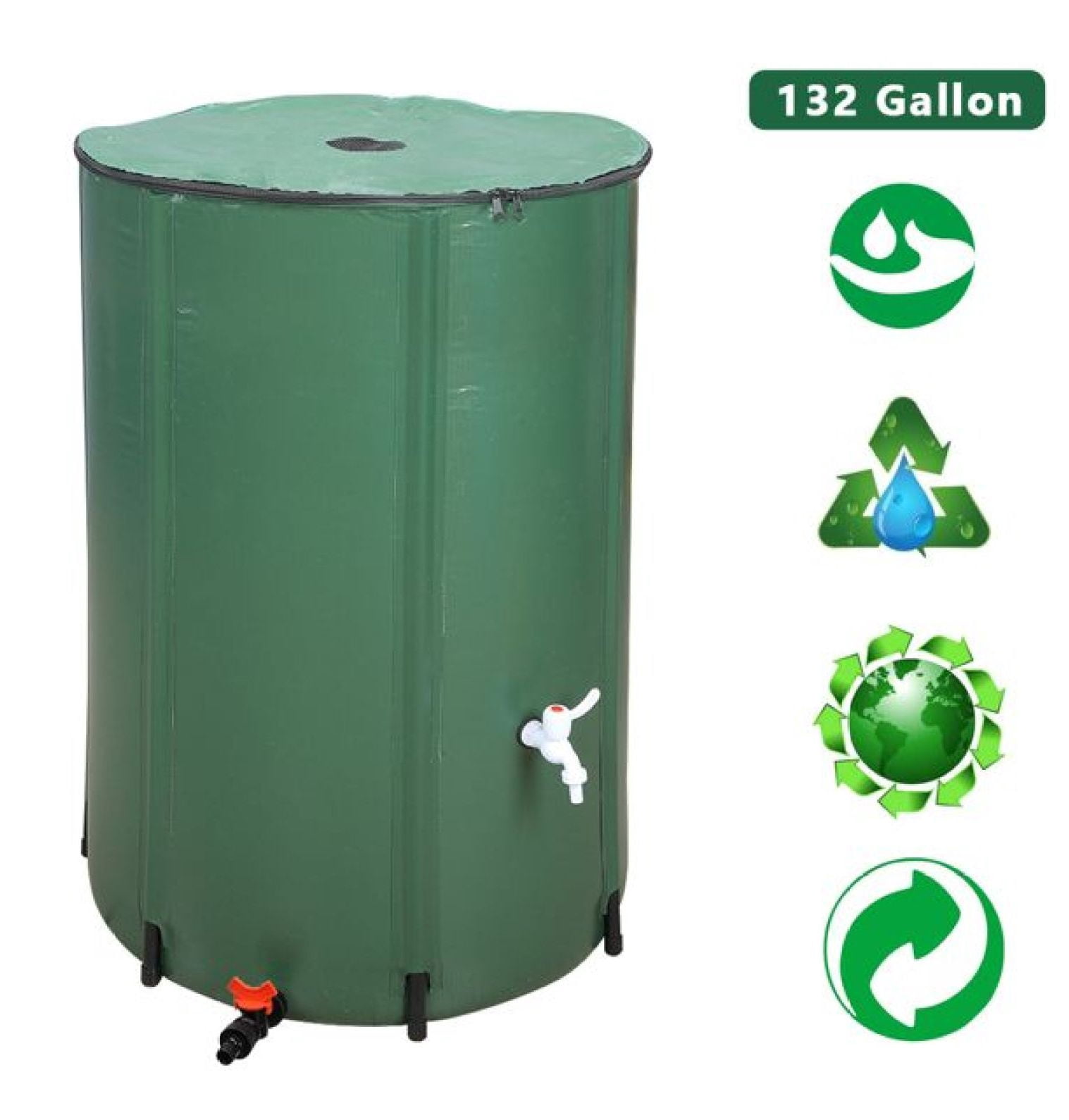 132 Gallon Rain Barrel Folding Water Collector - Green - Portable Rainwater Tank for Garden, Plants & Outdoor Use with Mesh Cover & Tap