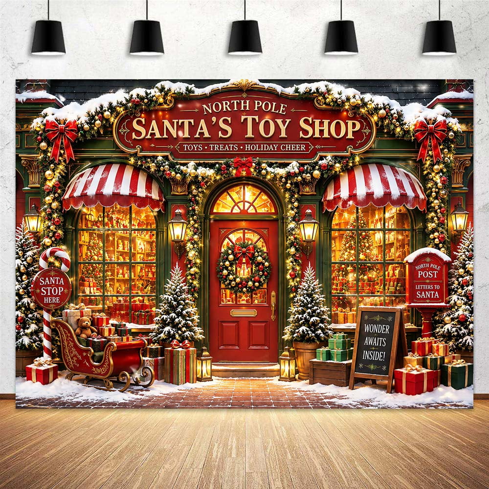 Santa's Workshop Christmas Backdrop Santa's Toy Shop Christmas Store Snowy Scene Banner Background Xmas Tree Snowman Holiday Birthday Party Decorations Baby Shower Photo Props, 5x3ft
