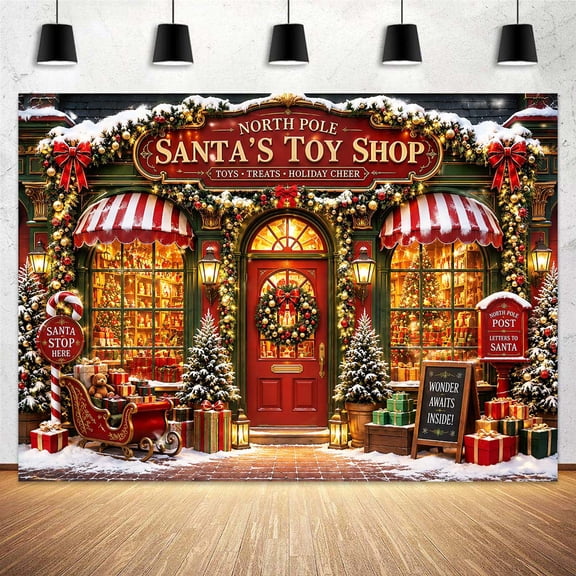 Santa's Workshop Christmas Backdrop Santa's Toy Shop Christmas Store Snowy Scene Banner Background Xmas Tree Snowman Holiday Birthday Party Decorations Baby Shower Photo Props, 5x3ft