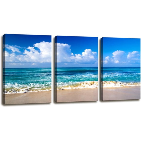 Moyedecor Art - Thème de Plage Bleue Moderne, Paysage Marin Tendu et Encadré, 3 Panneaux, Impressions sur Toile Giclée, Oeuvres d'Art, Images de Paysage, Peintures sur Toile, Art Mural pour la Déco de la Maison, Prêt à Accrocher