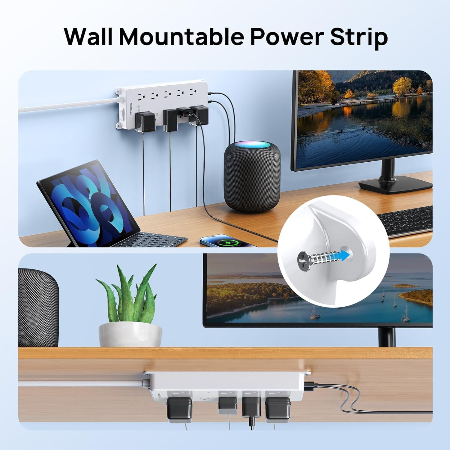 TROND Surge Protector Power Strip, ETL Listed, Flat Plug 15ft Long Extension Cord, 10 Wide Spaced Outlets, 2 USB A & 2 USB C Ports, 4000J, Wall Mount/Screw On, for Home Office Entertainment, White