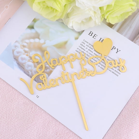 FRCOLOR Happy Valentines Day Cake Topper 1 Set Shiny Paper Cake Decoration Beautiful Calligraphy Cake Ornament