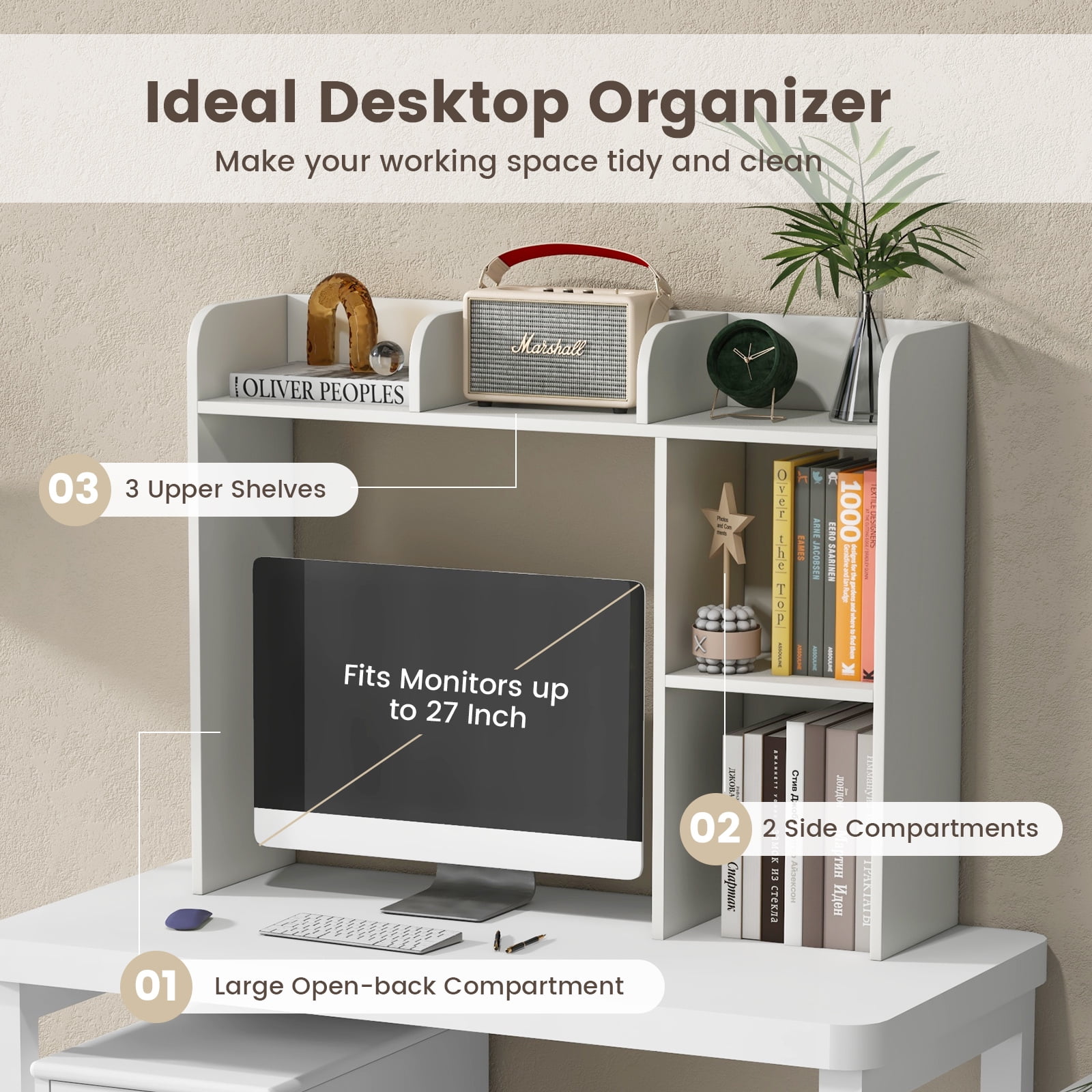 Giantex Desk Bookshelf, Wood Desk Hutch w/5 Shelves, Computer Table Display Rack, Organizer Shelf for Dorm Office Home, White