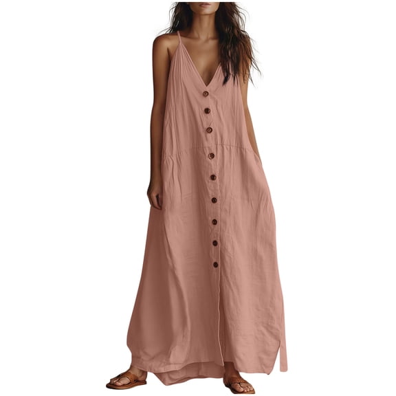Guieoi Summer Dresses for Women under $10 Plus Size Flowy Sleeveless V-Neck Solid-Color Linen-Cotton Split-Hem Dress Pink XXL
