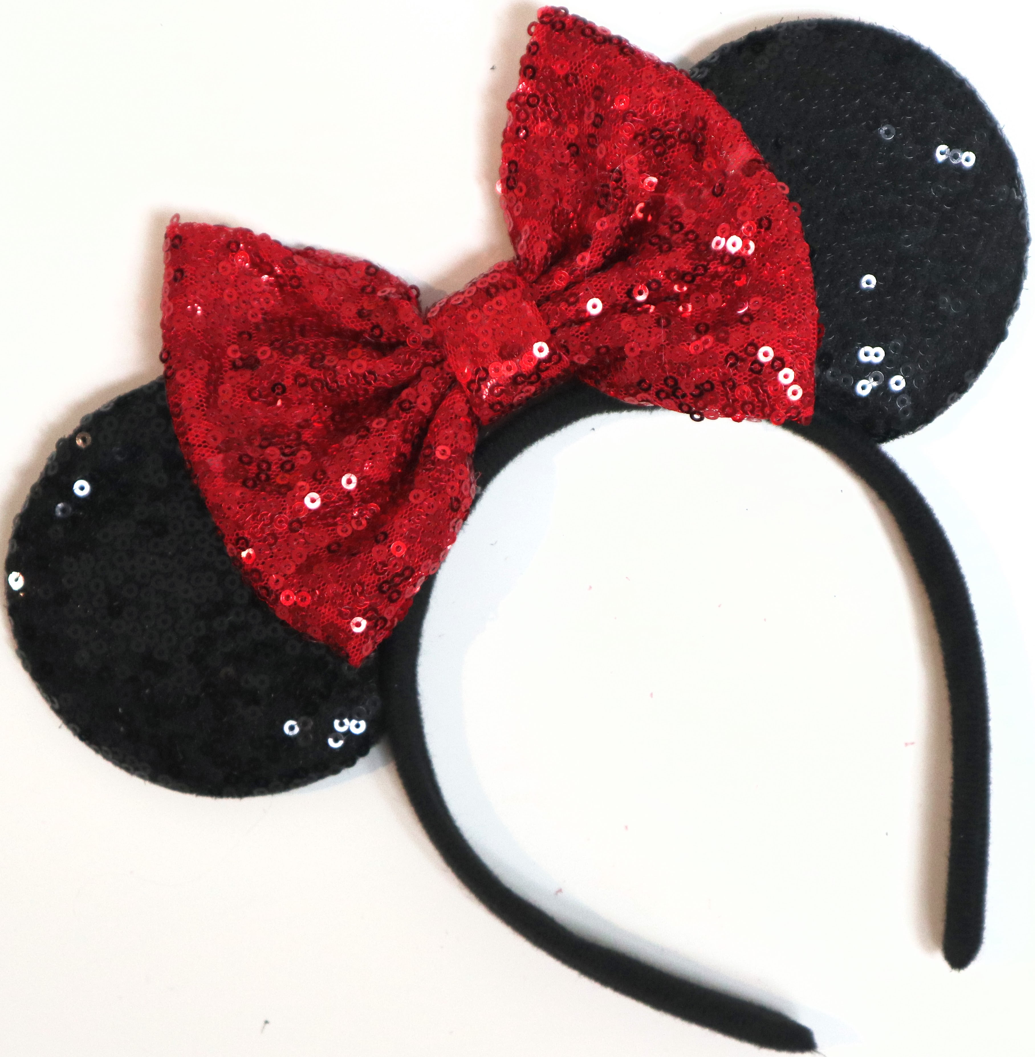 Premium Quality Fluffy Minnie Mouse Ears Headband with big Red/White Polka Bow 