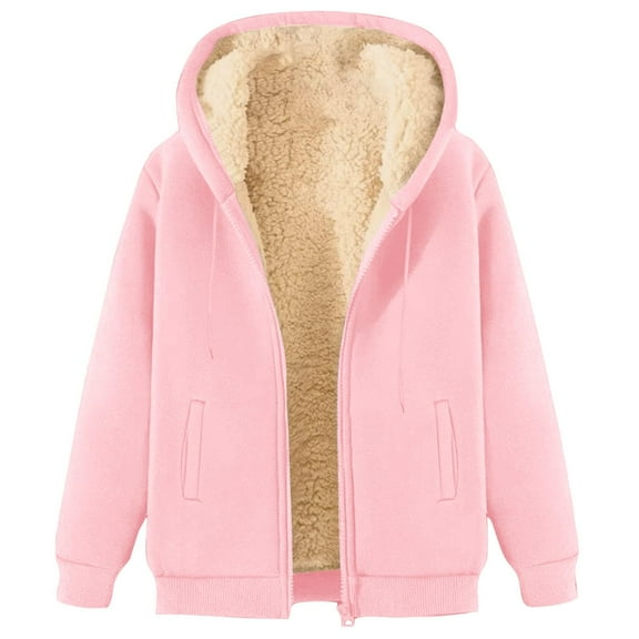 Zip Up Hoodie Women Sherpa Lined Hooded Sweatshirt Thermal Comfy Fleece Hoodie Jacket Fall Winter Fashion Clothes Pink XL