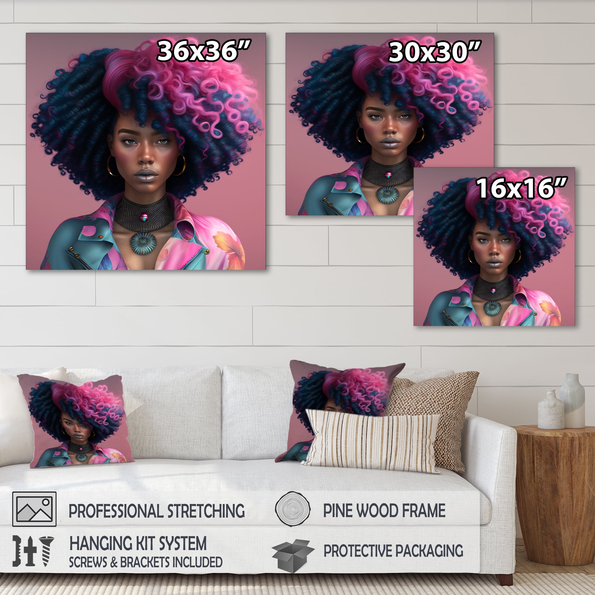 Designart Pink And Blue African American Woman VI Canvas Wall Art