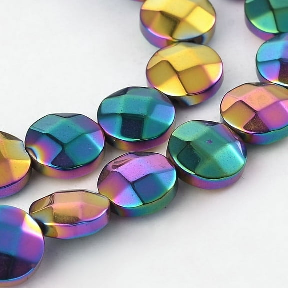1Strand Electroplated Non-magnetic Synthetic Hematite Flat Round Bead Strands Faceted Multi-color Plated 8x3.5mm Hole: 1mm about 51pcs/strand 15.74 inch