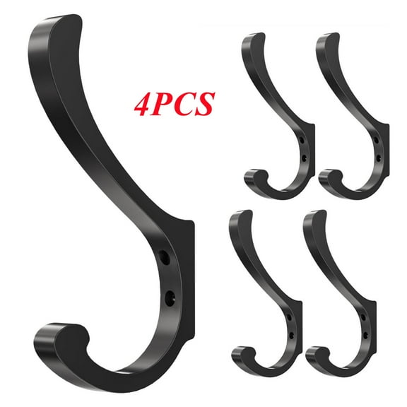 4 Pack Large Heavy Duty Wall Hooks - Black Metal Coat & Bag Hooks, Wall Mounted, Holds Coats, Backpacks, Purses