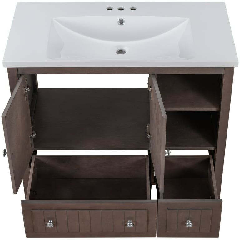 Churanty 36 Bathroom Vanity with Ceramic Basin, Bathroom Storage Cabinet  with Two Doors and Drawers, Solid Frame, Metal Handles, Brown