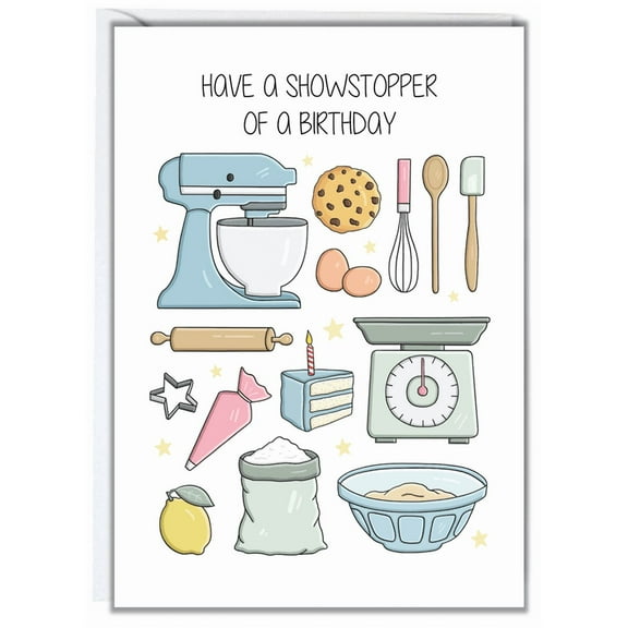 Birthday Card for Baking Enthusiasts – “Have a Showstopper of a Birthday” Cartoon Design – Envelope Included, Blank Inside – Perfect for Cake Lovers, Chefs, and Friends
