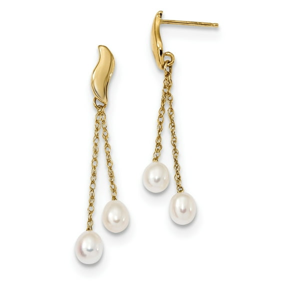 14k 4-5mm White Rice Freshwater Cultured Pearl Dangle Post Earrings in 14k Yellow Gold