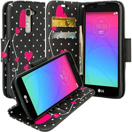 Polka Dot Leather Portfolio Leather Wallet Cover LG K10, LG Premier Case, Slim Magnetic Flip Kickstand Wrist Strap - Polka Dot Hearts ()