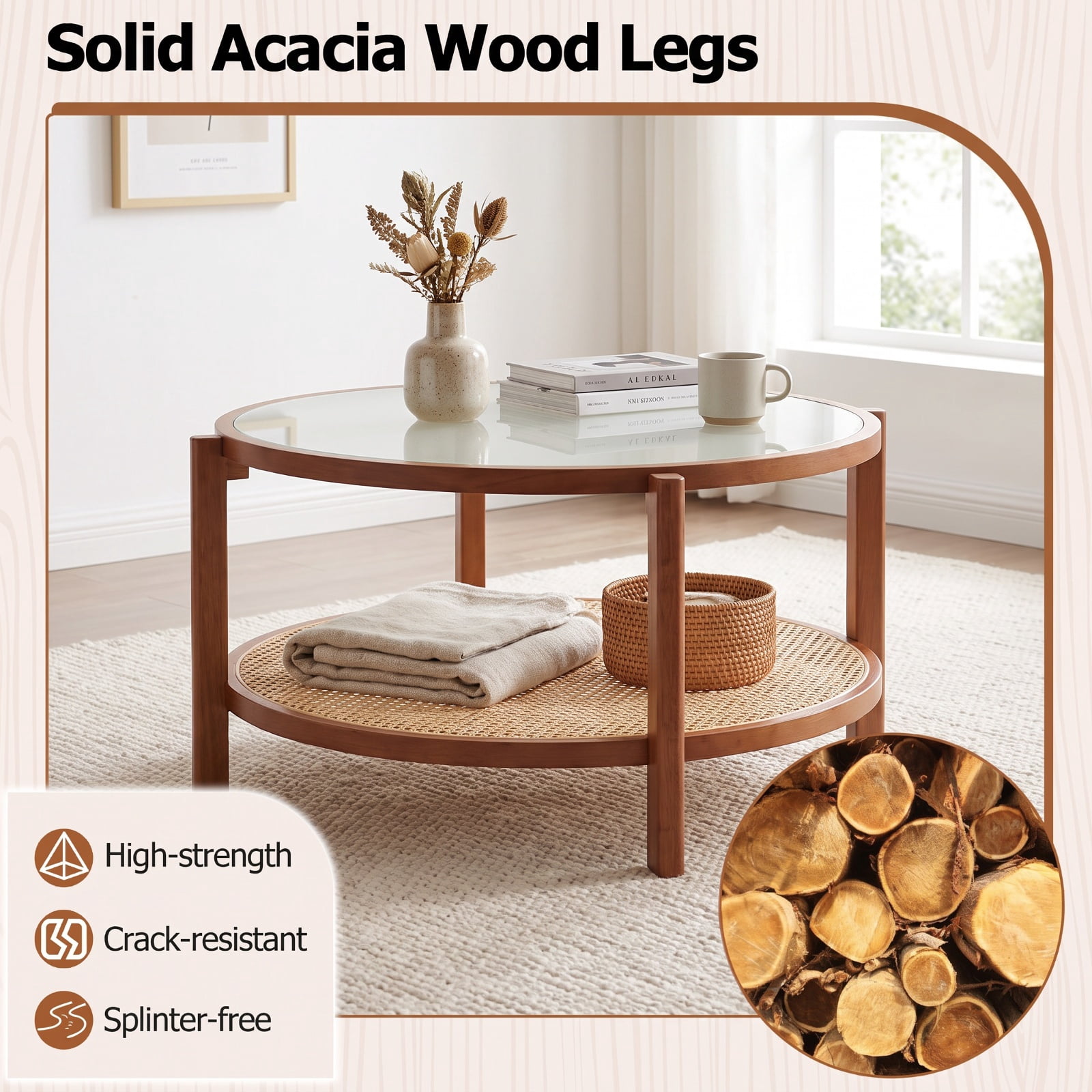 Furnibear 2 Tier Round Rattan Coffee Table with Frosted Tempered Glass Top and Acacia Wood Legs a Boho Living Room Center Table, Walnut