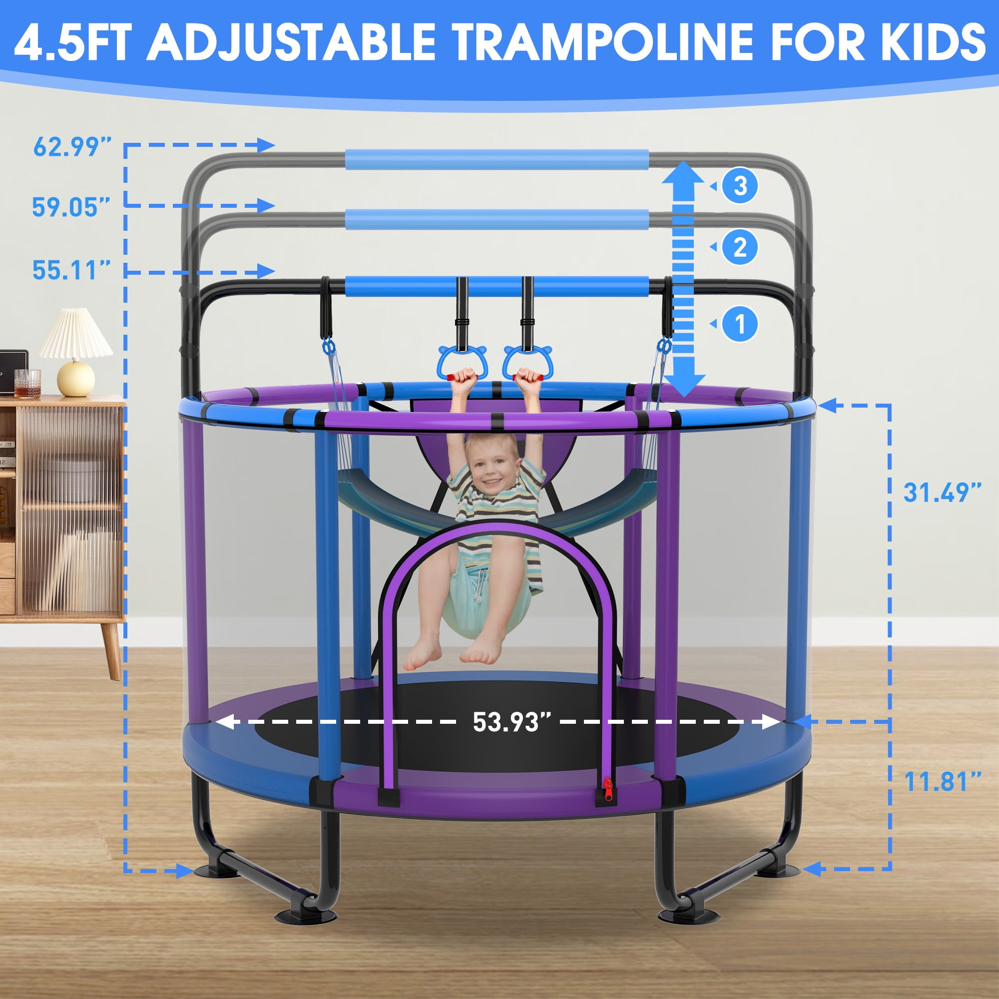 XMIKA Trampoline for Kids, 54'' Toddler Trampoline with Enclosure, Swing, Basketball Hoop, 4.5FT Indoor/Outdoor Trampoline with Adjustable Gymnastics Bars, Rings, Mini Trampoline for Boy and Girls