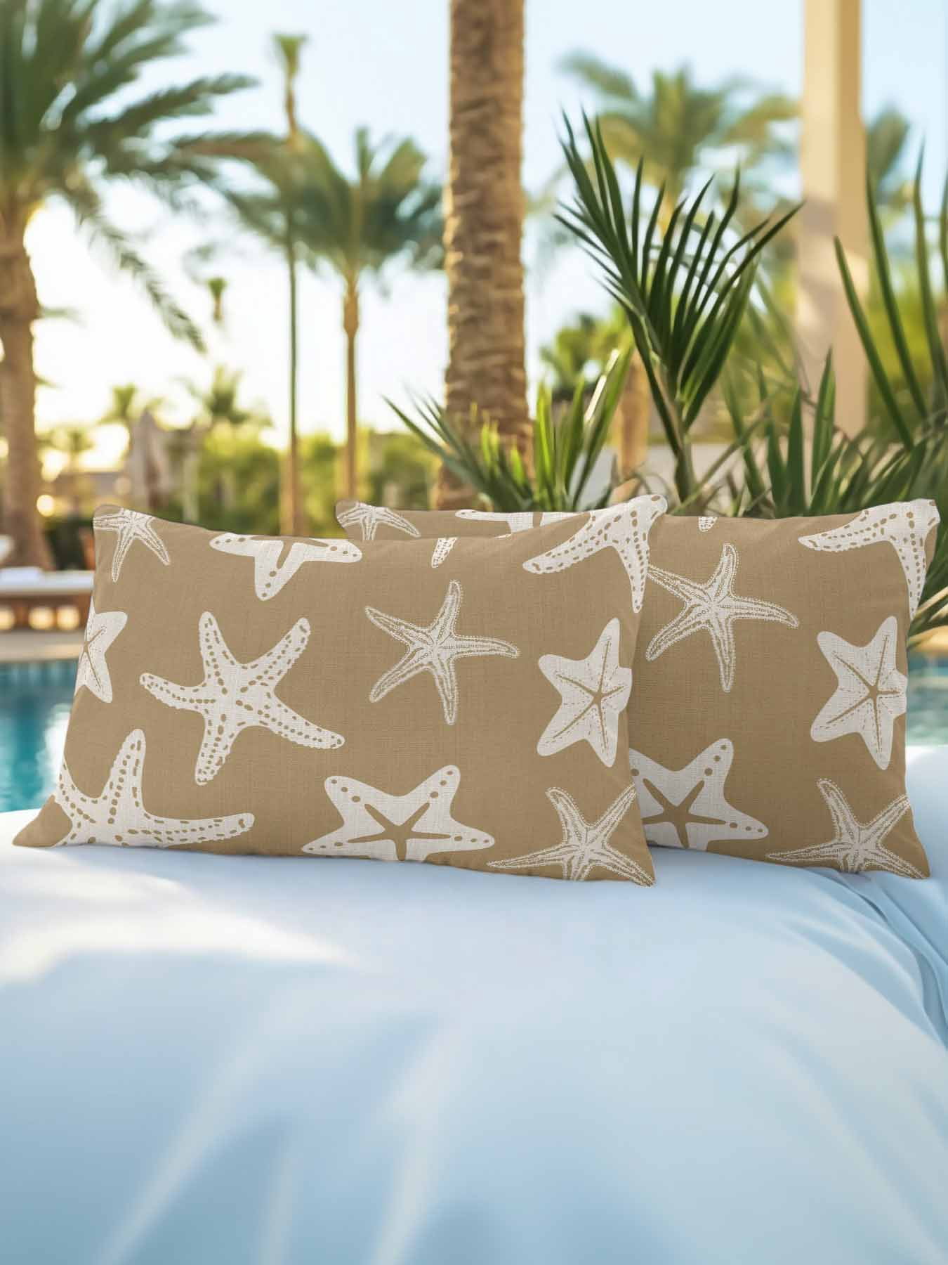 Outdoor Pillows Waterproof, Beige Brown Starfish Coastal Bedding Throw Pillows with Insert for Couch Sofa Bed, Nautical Summer Ocean Abstract Art 12x20 Inch Pillowcases Patio Pillow Set of 2