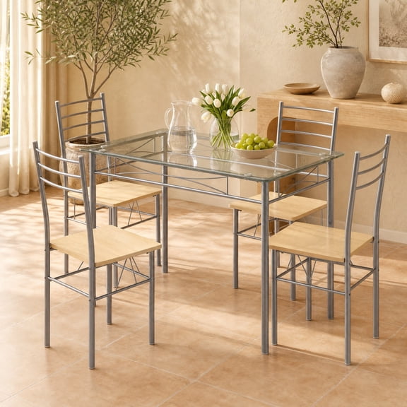 ELLEGNT Modern 5-Piece Dining Set with Glass Table, 4 Chairs, Space-Saving Kitchen Set for Dining Room