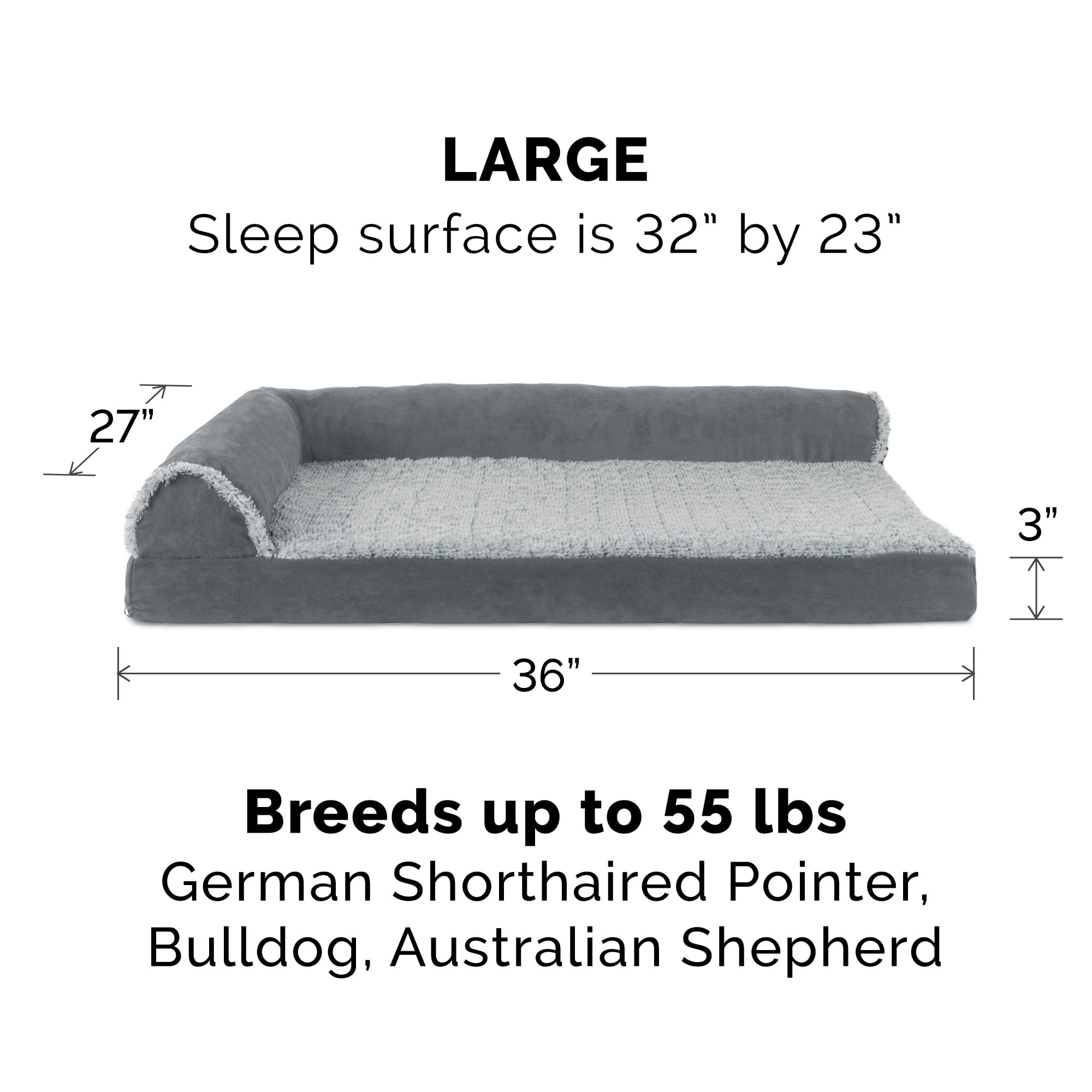FurHaven Pet Products Two-Tone Faux Fur & Suede Orthopedic Deluxe Chaise Lounge Pet Bed for Dogs & Cats - Stone Gray, Large