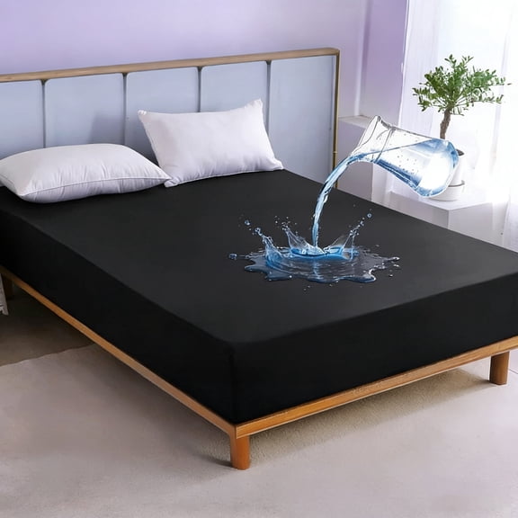 Queen Size Waterproof Fitted Mattress Protector, Breathable Mattress Cover with 14'' Deep Pocket, Black
