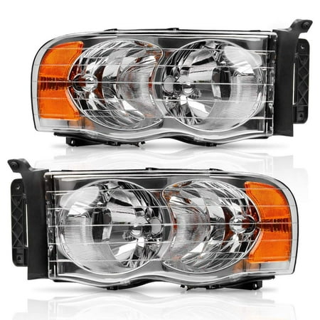 Headlight Assembly for 2002-2005 Dodge Ram Pickup Headlamps Replacement Chrome Housing Amber Reflector Clear Lens, One Year Warranty (Passenger and Driver