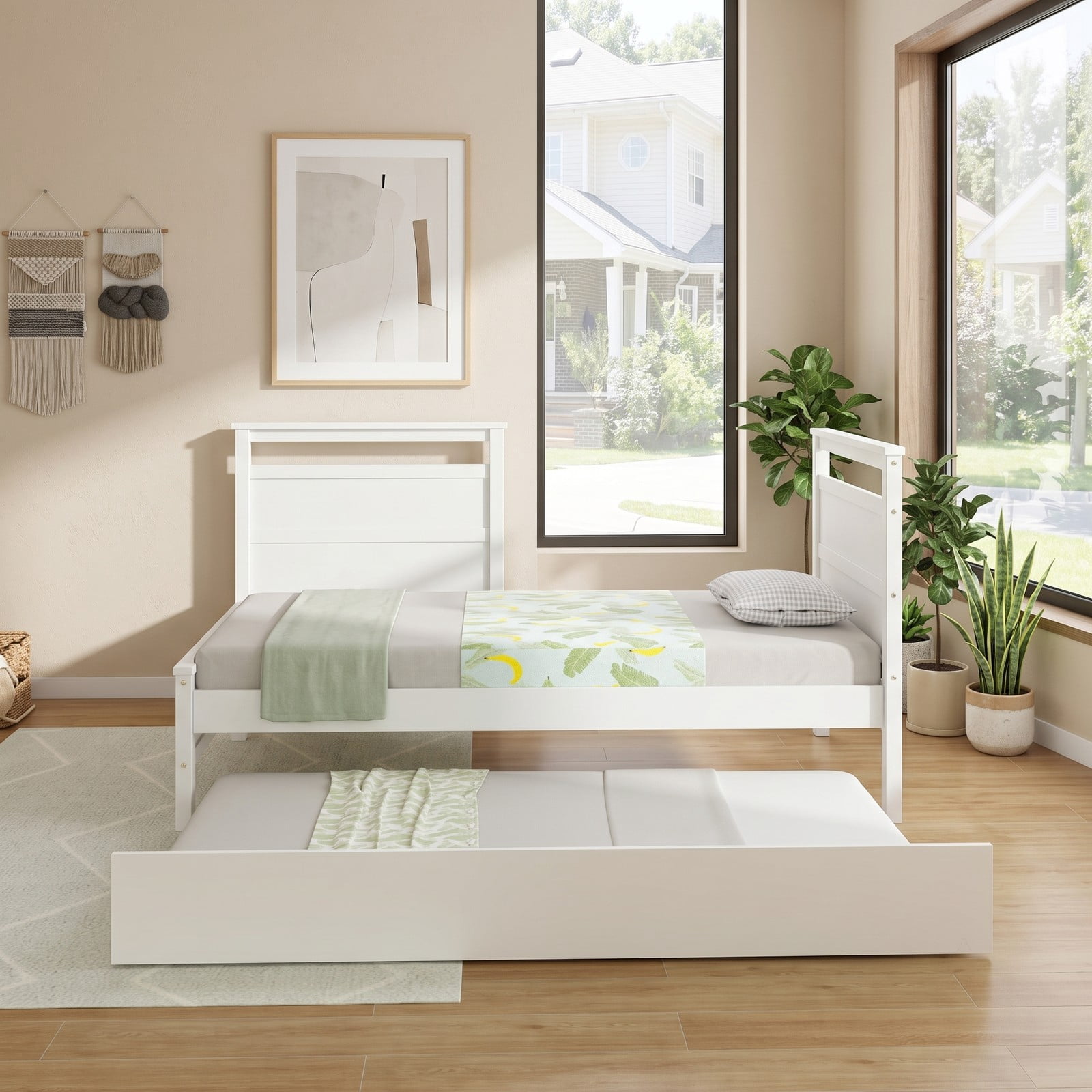 Furnibear Twin Bed Frame Wood Platform Bed with Roll-Out Trundle and Plank Headboard for Kids and Guest Bedroom, White